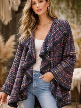 Berek Artsy Boho Multicolor Waterfal Ruffle Tweed Sweater Jacket Size 2XL